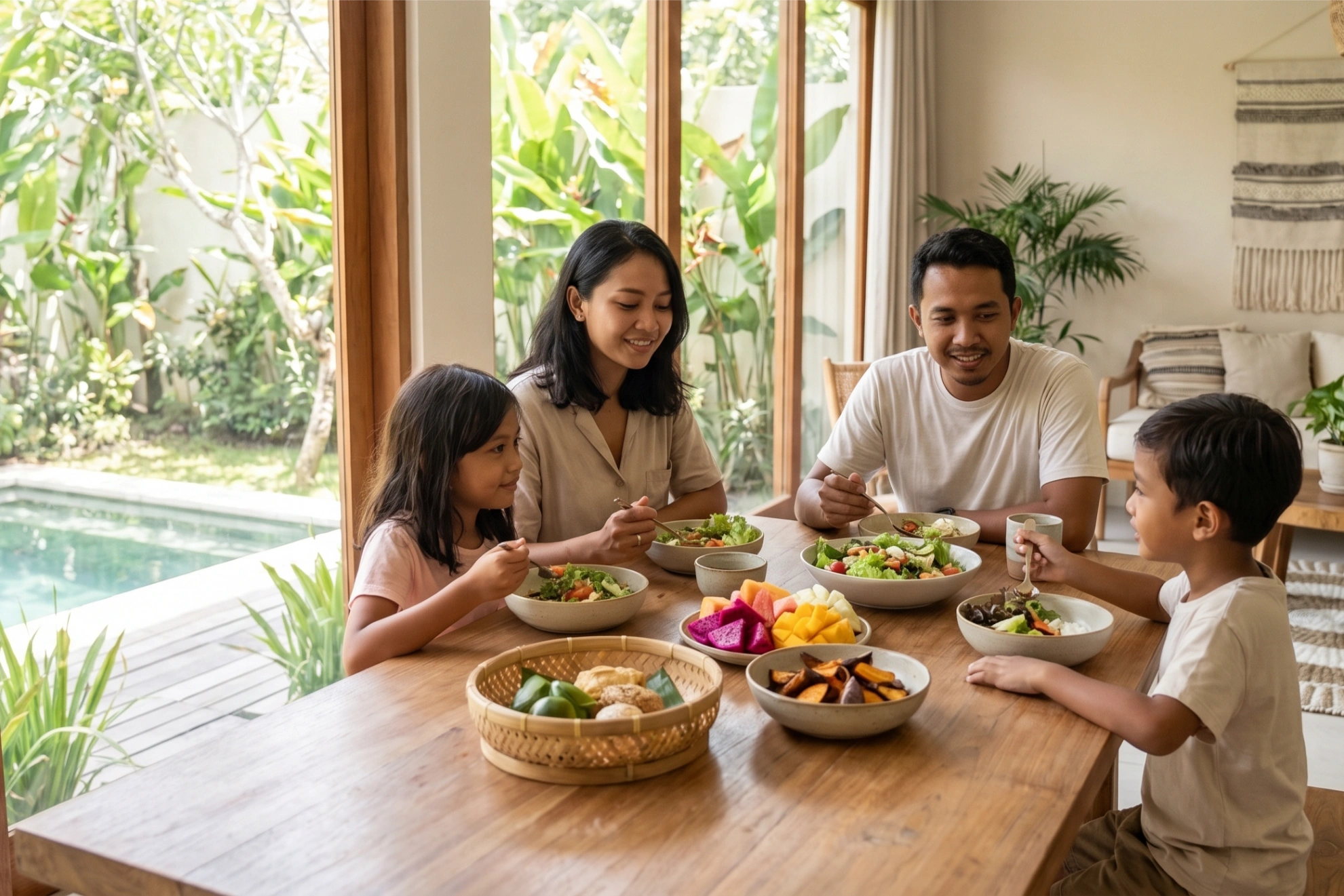 A warm family table filled with fresh fruits, vegetables and wholesome ingredients